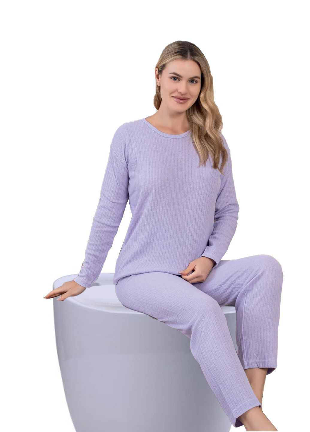 Сиреневая пижама женская трикотаж лонгслив + брюки No Brand