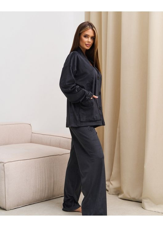 Чорна зимня велюрова піжама на гудзиках кофта + брюки ISSA PLUS