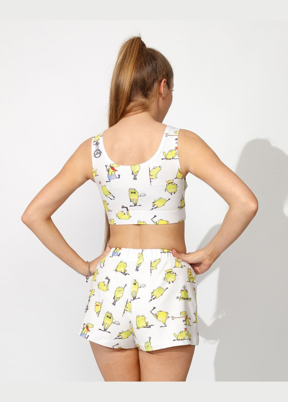 Белая всесезон пижама женская из кулира топ и шорты с принтом жабы Maybel