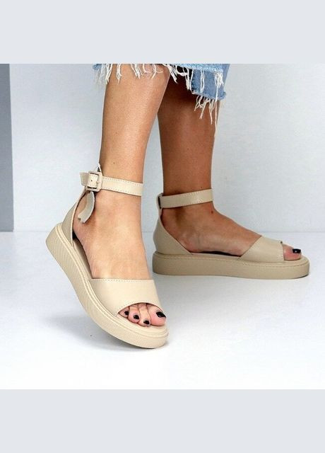 Бежеві шкіряні босоніжки, бежеві жіночі босоніжки з ремінцем, босоніжки на низькому ходу код 21303 KDSL Glory (335007472)