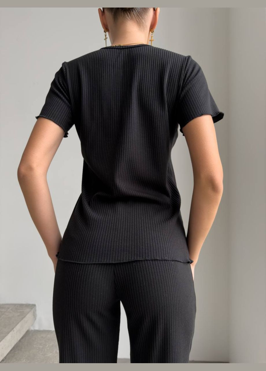 Чорна жіноча піжама в рубчик, піжамний комплект шорти, футболка та штани, чорна піжама для жінок 3в1 No Brand