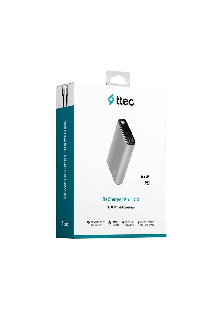 Универсальная мобильная батарея 15000mAh ReCharger Pro LCD PD 65W Space Gray (2BB216UG) TTEC (315435596)
