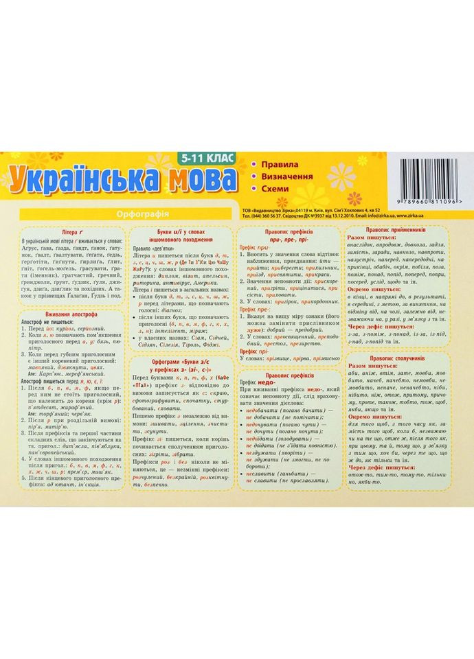 Картонка-подсказка Укр. Язык. Правила 5-11 класс 66443 Зірка (369168024)