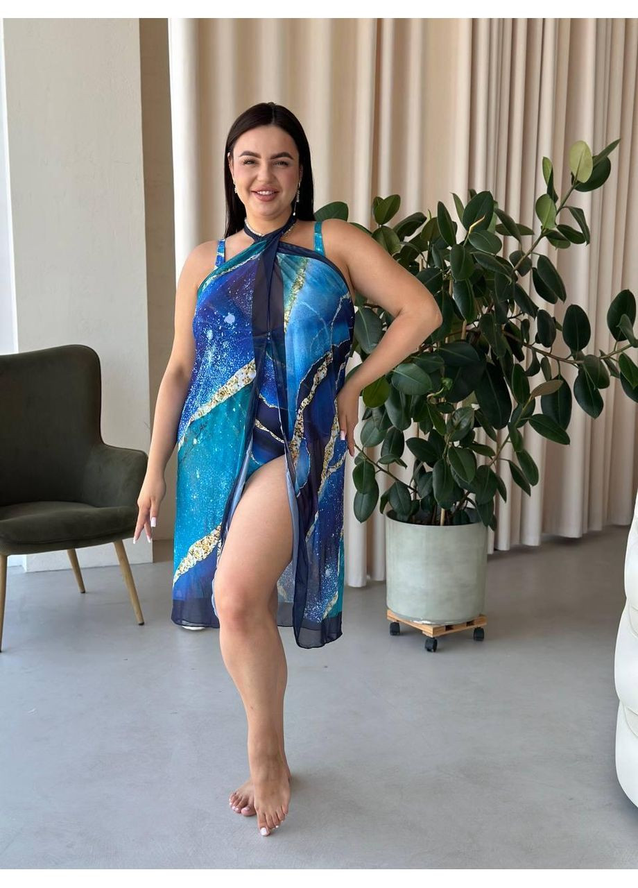 Женский пляжный набор парео+купальник. Женский купальник с абстрактным принтом. No Brand (360864963)