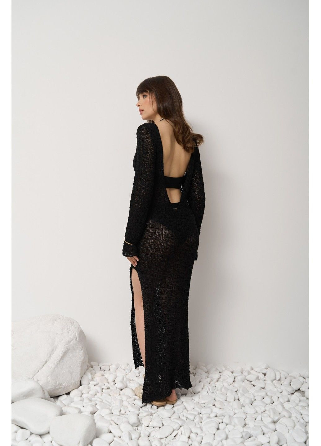 Черный комплект купальник женский сплошной rose черный + парео вязаное foam черное слитный Handy Wear