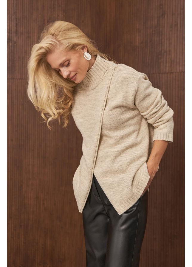 Бежевый демисезонный оригинальный свитер свободного силуэта на запах (2888) Triko Bakh