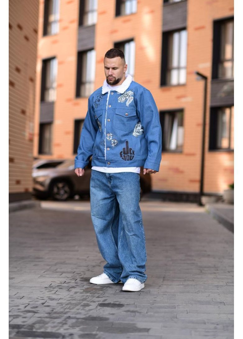 Комбинированная демисезонная джинсовая куртка утепленная с принтом украина собственное производство на флисе No Brand