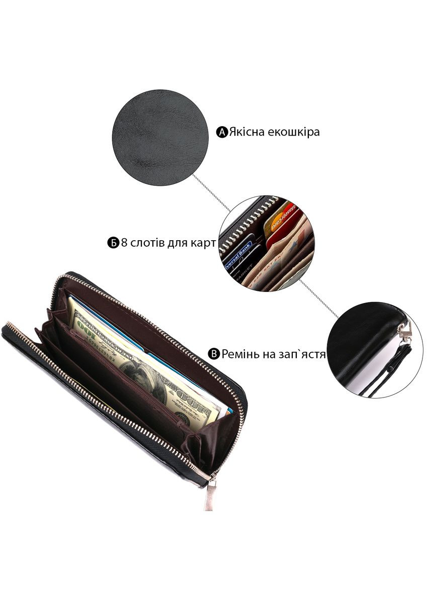 Женский кошелек из экокожи с молнией, 8 слотов для карт, черный (sku_19040) No Brand (328218769)