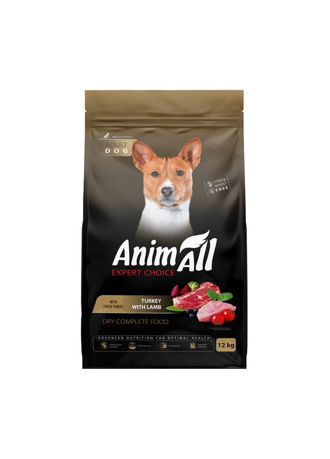 Повнораціонний сухий корм для собак середніх порід зі свіжою індичкою та ягням, 12 кг AnimAll (362036325)