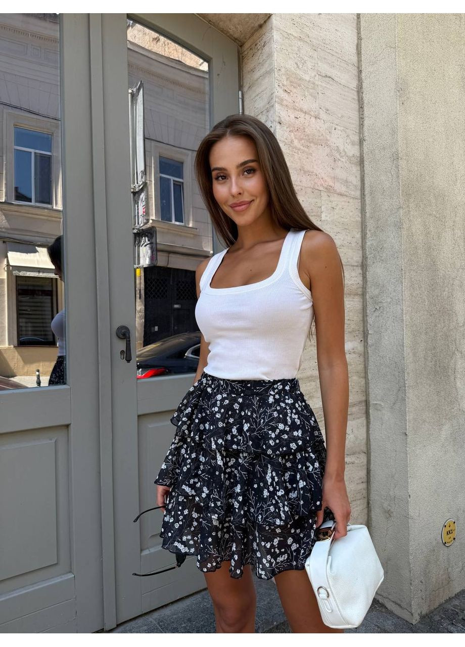 Черная цветочной расцветки шифоновая юбка в черном цвете на высокой посадке No Brand