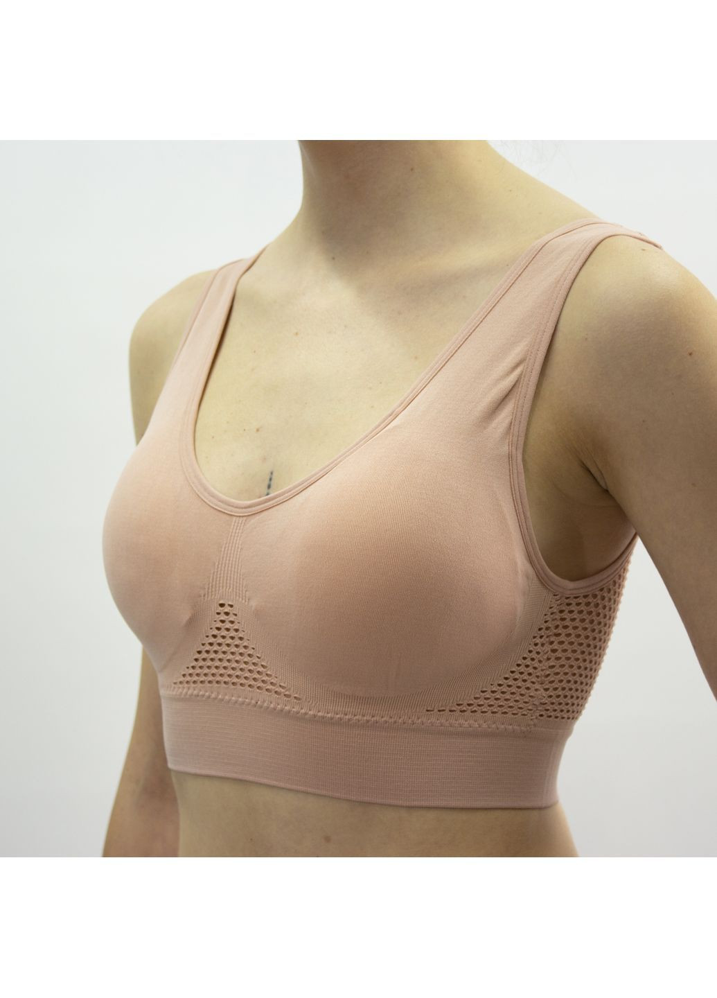 Безшовний спортивний топ-бра пудровий, м’яка підтримка, дихаючий гіпоалергенний матеріал, р. S–2XL No Brand (363968224)