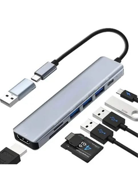 Мультифункціональний USB-хаб 7 в 1, розширювач портів з HDTV, USB 3.0, 2×USB 2.0, кардрідером SD і TF, PD-роз’ємом для зарядки No Brand (364674943)