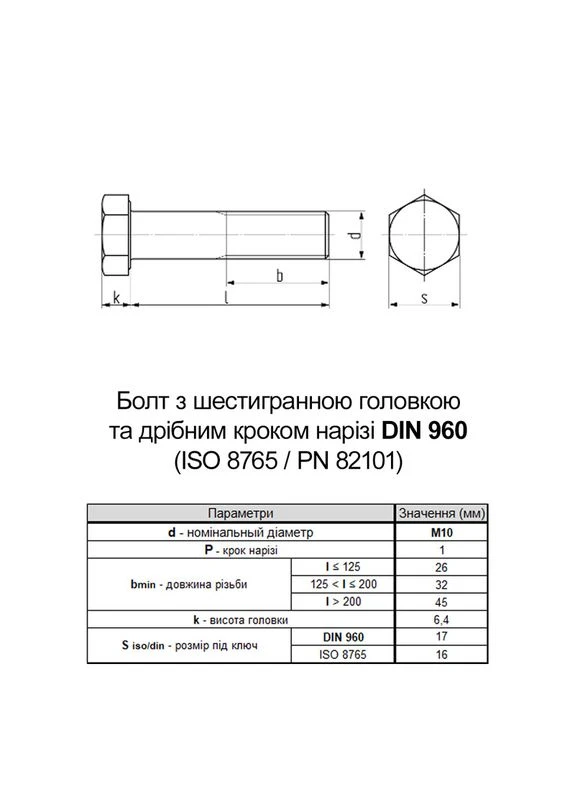 DIN960 М10х60 резьба L26 мелкий шаг 1мм сталь 10.9 болт шестигранная голова под ключ 17мм (50шт.) [5T60005T6X0100600C] Metalvis (399545494)