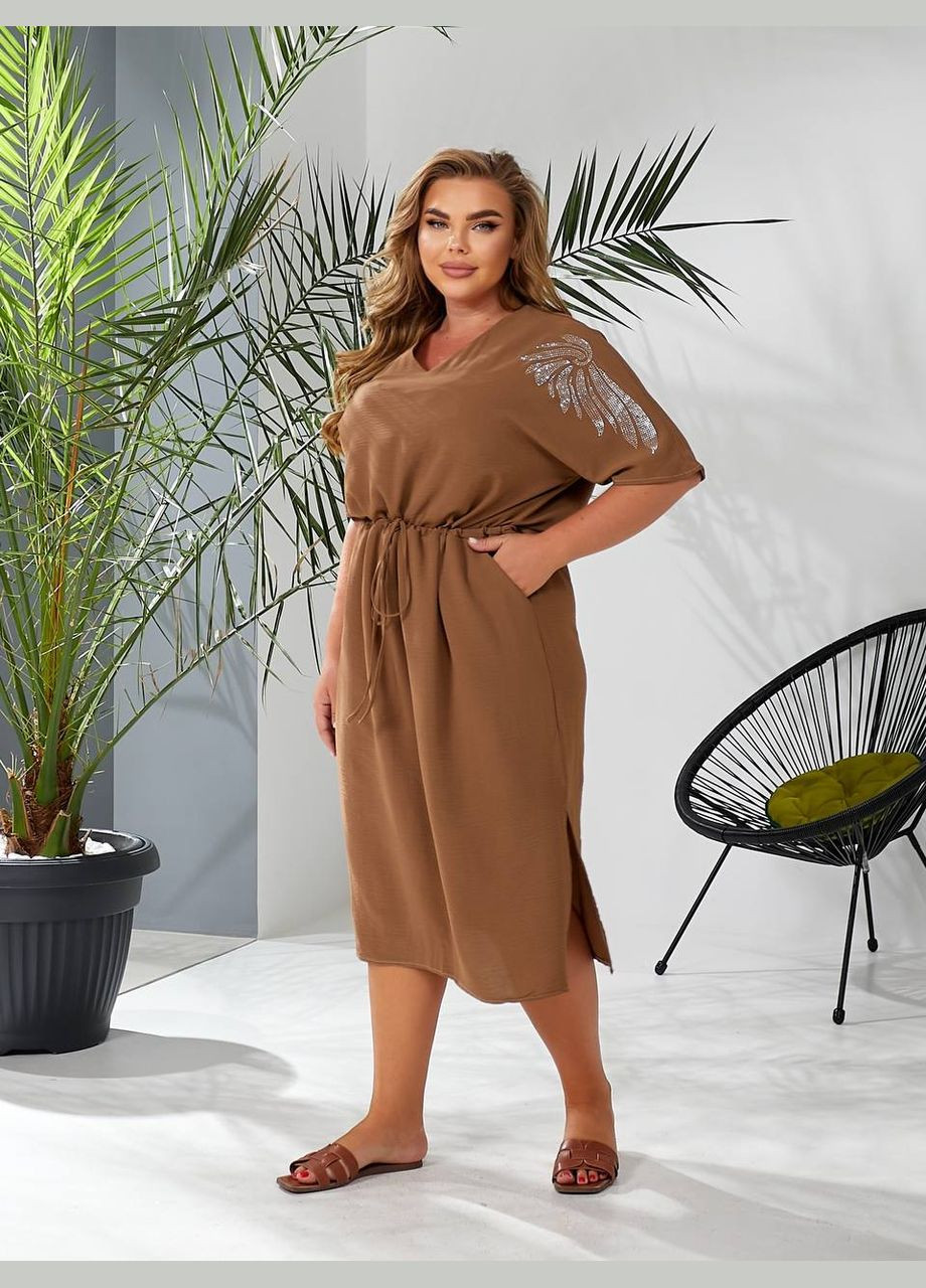 Кавова повсякденний, кежуал жіноча сукня з куліскою Style Point однотонна