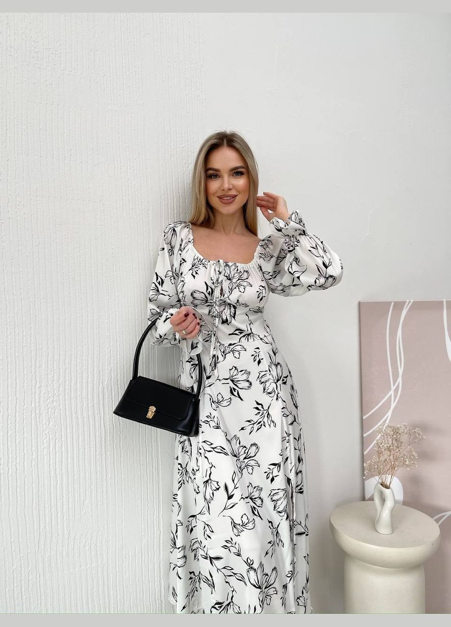 Белое повседневный женское платье с шолка с открытыми плечами, с корсетом Україна с цветочным принтом