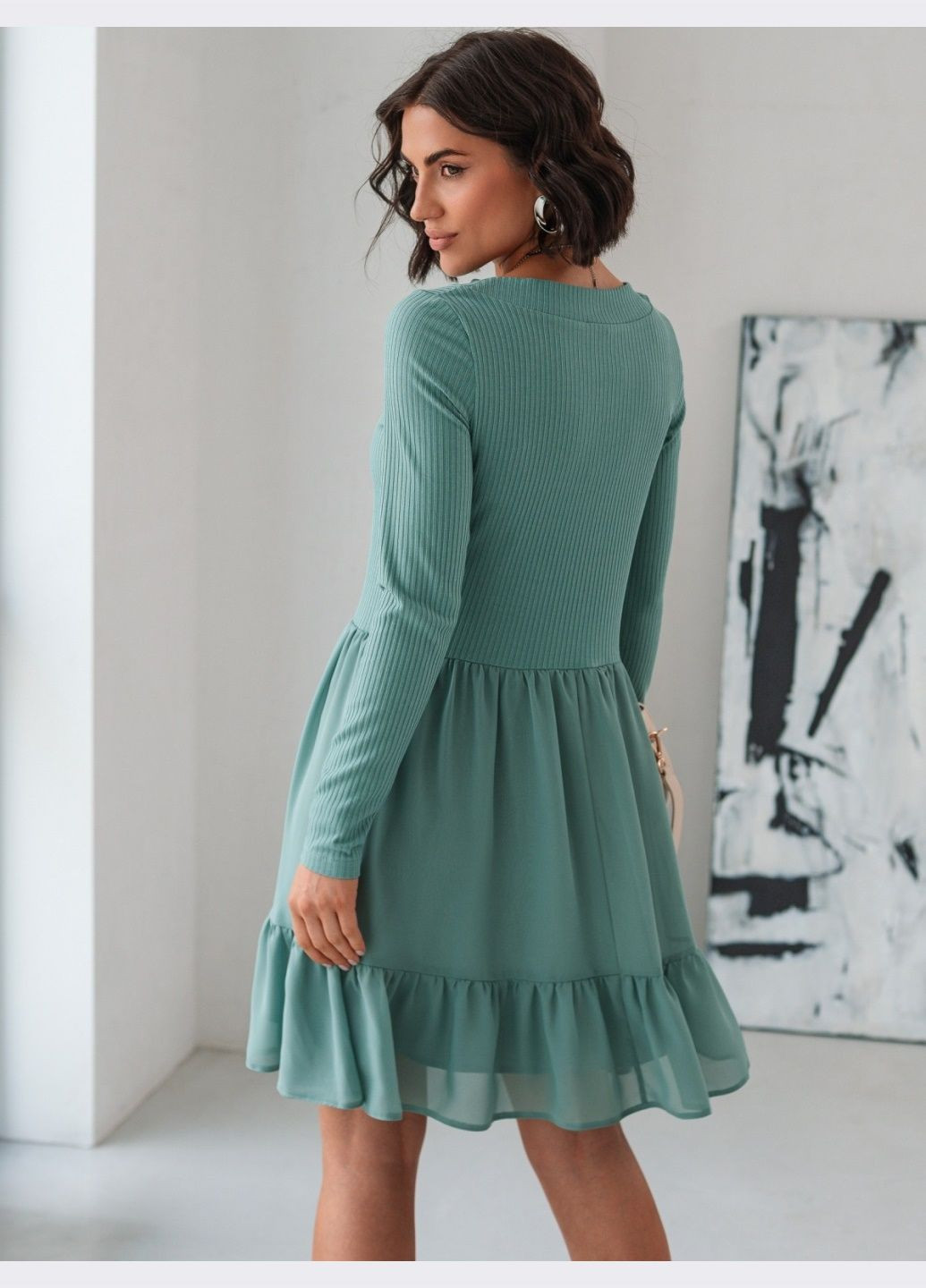 М'ятна кежуал комбінована сукня із трикотажу з шифоновою спідницею зелена кльош Dressa однотонна