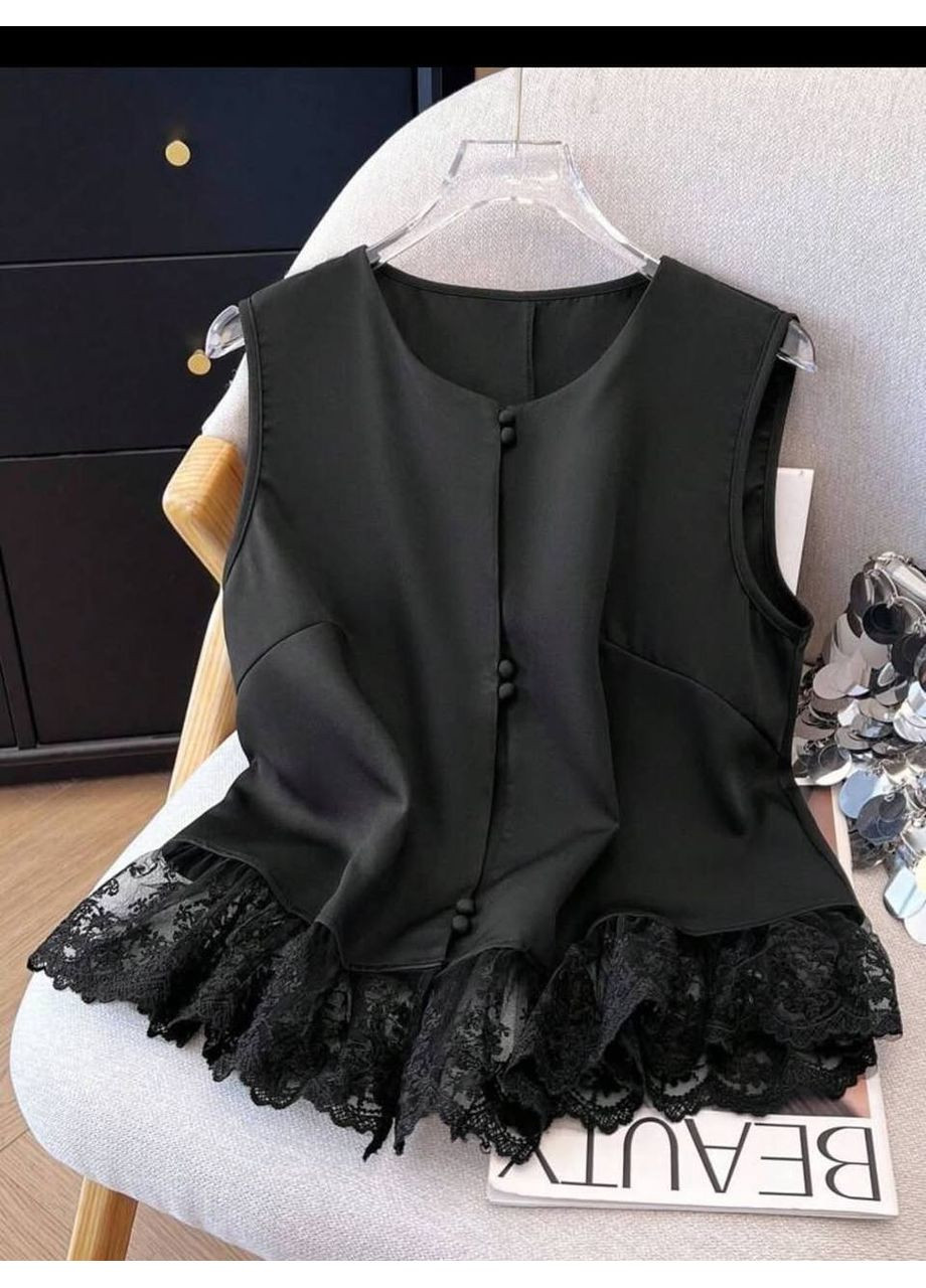 Чёрная блуза из костюма и кружева — элегантность в деталях ✨ (замеры в описании) DK/DL Мода без кордонів