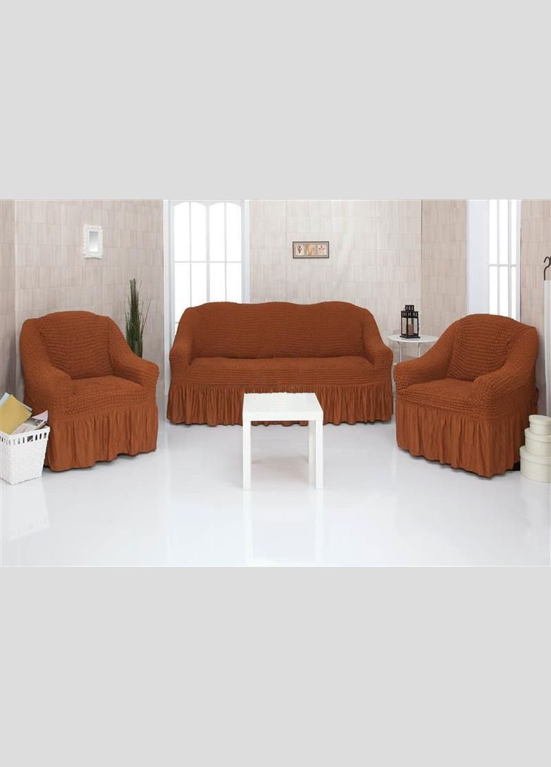 Чехлы натяжные на диван 3-х местный и два кресла 01-209 (универсальные) Темно-коричневый Venera (268547664)