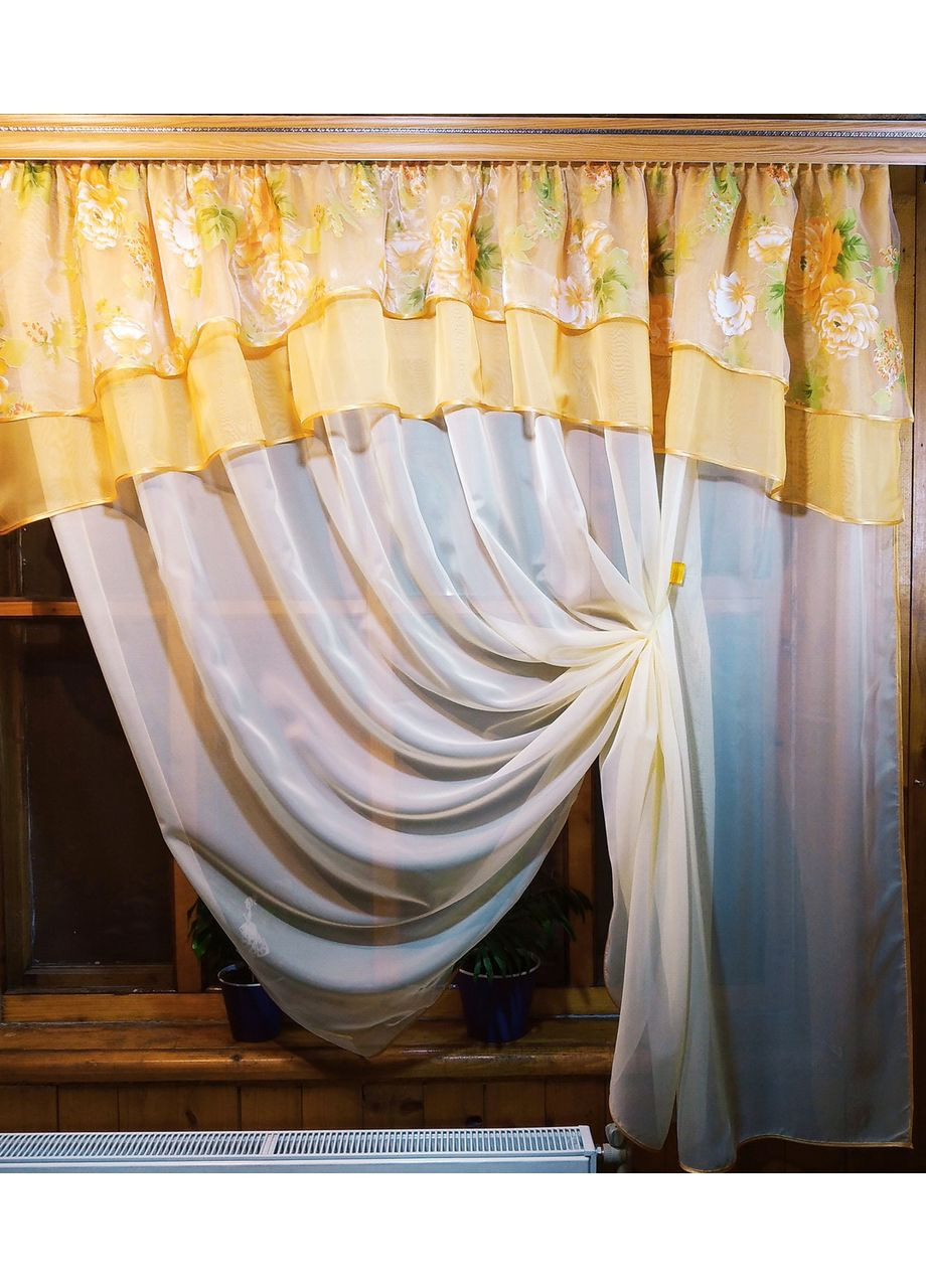Фіранка коротка готова Ніколь місячне сяйво піон жовтий No Brand (372133891)