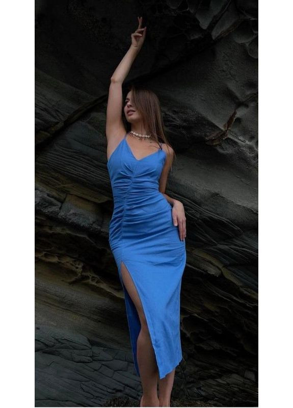 Синя сукня міді з льоном і зборками Zara