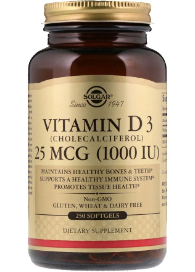Вітамін Д3 Vitamin D3 1000 IU 250 soft Solgar (282933170)