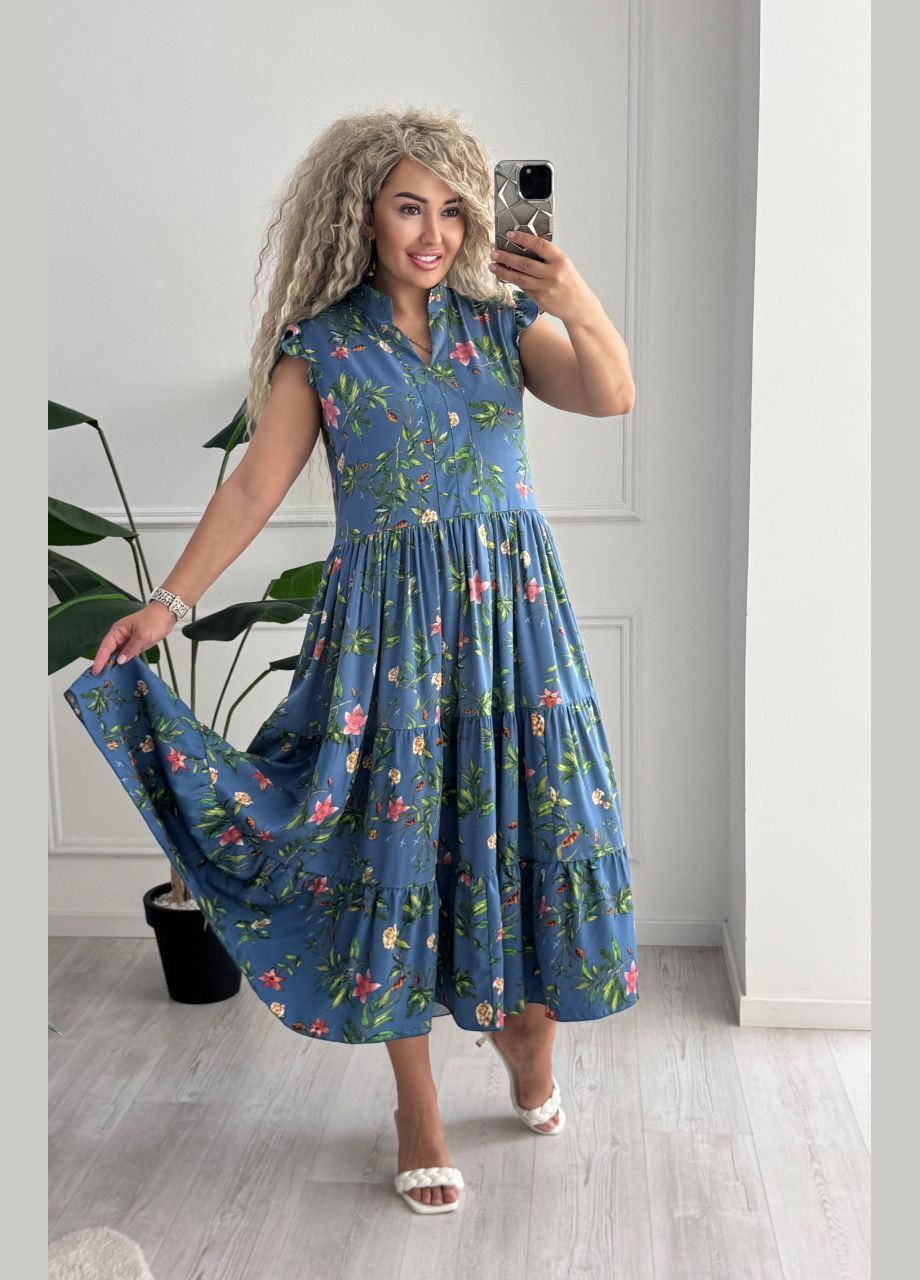 Синее повседневный, кэжуал женское платье Україна с цветочным принтом