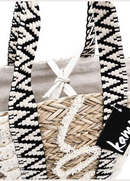 Сумка пляжная плетеная корзина с кружевными ручками и вышивкой TsLove Бежевая с черным Kamoa (305574268)