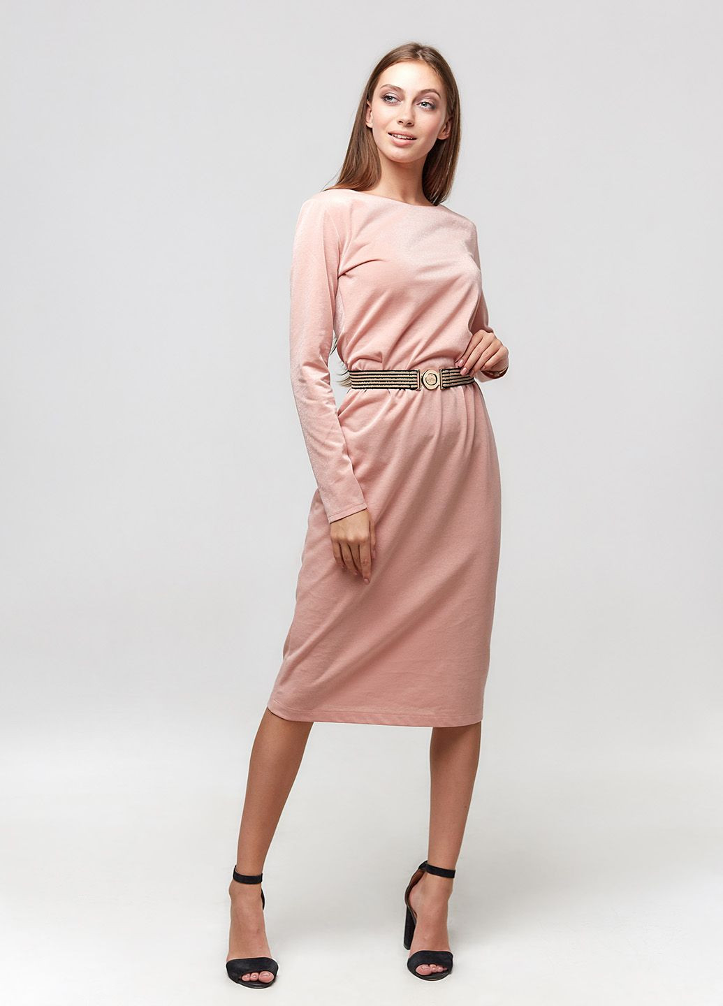 Розовое кэжуал платье миди из тонкого трикотажа с люрексом ORA однотонное