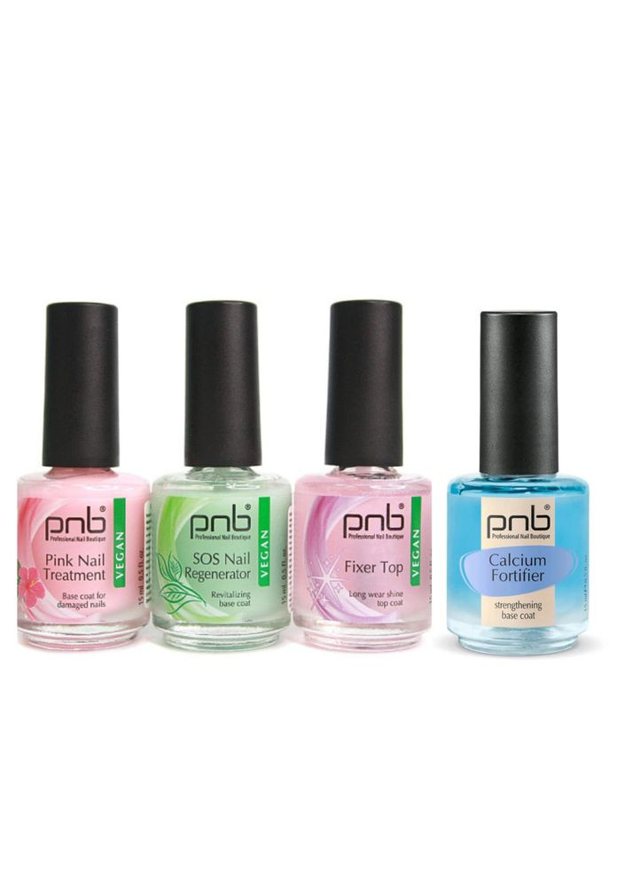 Набор для лечения и укрепления ногтей (4 средства): Calcium Fortifier, Pink Nail Treatment, SOS Regenerator, Fixer Top 15 мл PNB (333984607)