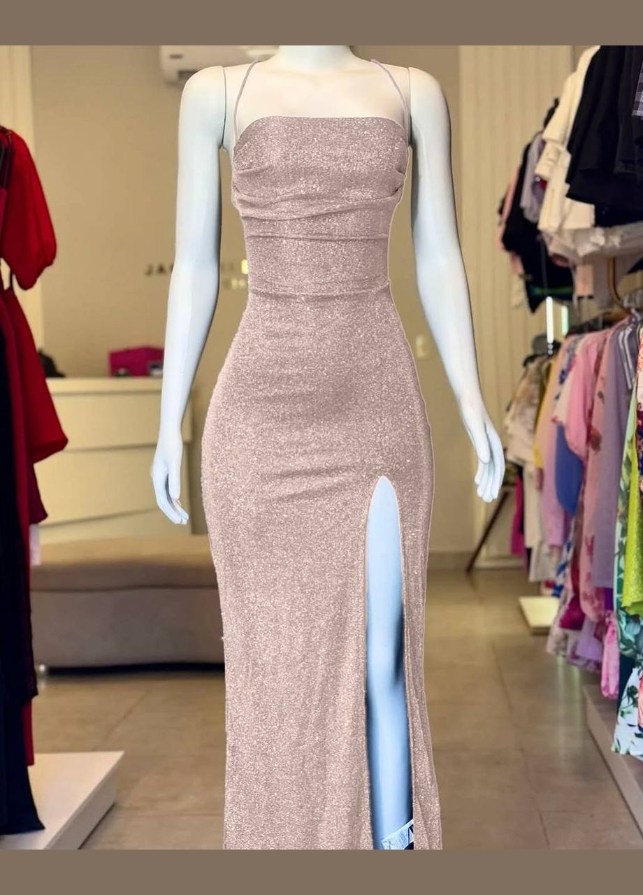 Золотистий турецьке кольору рожеве золото плаття з люрексу з відкритою спиною і без рукава No Brand