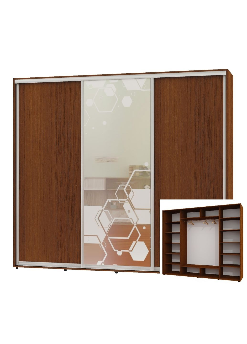 Шафа-купе тридверна 270*60*220 Горіх лісовий 2 ДСП/Дзеркало з піскострумним малюнком ШК-05 Алекса (360446858)