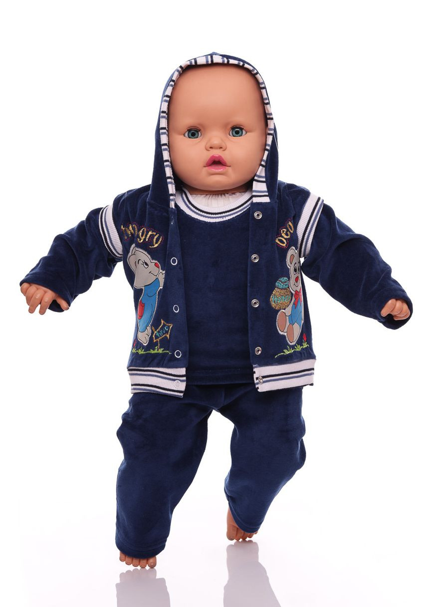 Синій зимній костюм з довгим рукавом для хлопчика велюровий з ведмедиками синій 74 см (26673) BABYKROHA