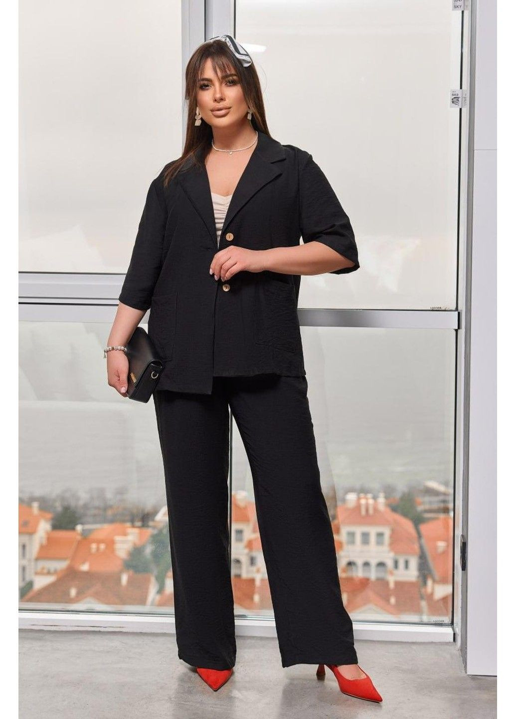 Костюм діловий, двійка, з жакетом о має короткий рукав, вільний крій мод БЛЗ-493, чорний, розмір 60-62 No Brand (355469686)