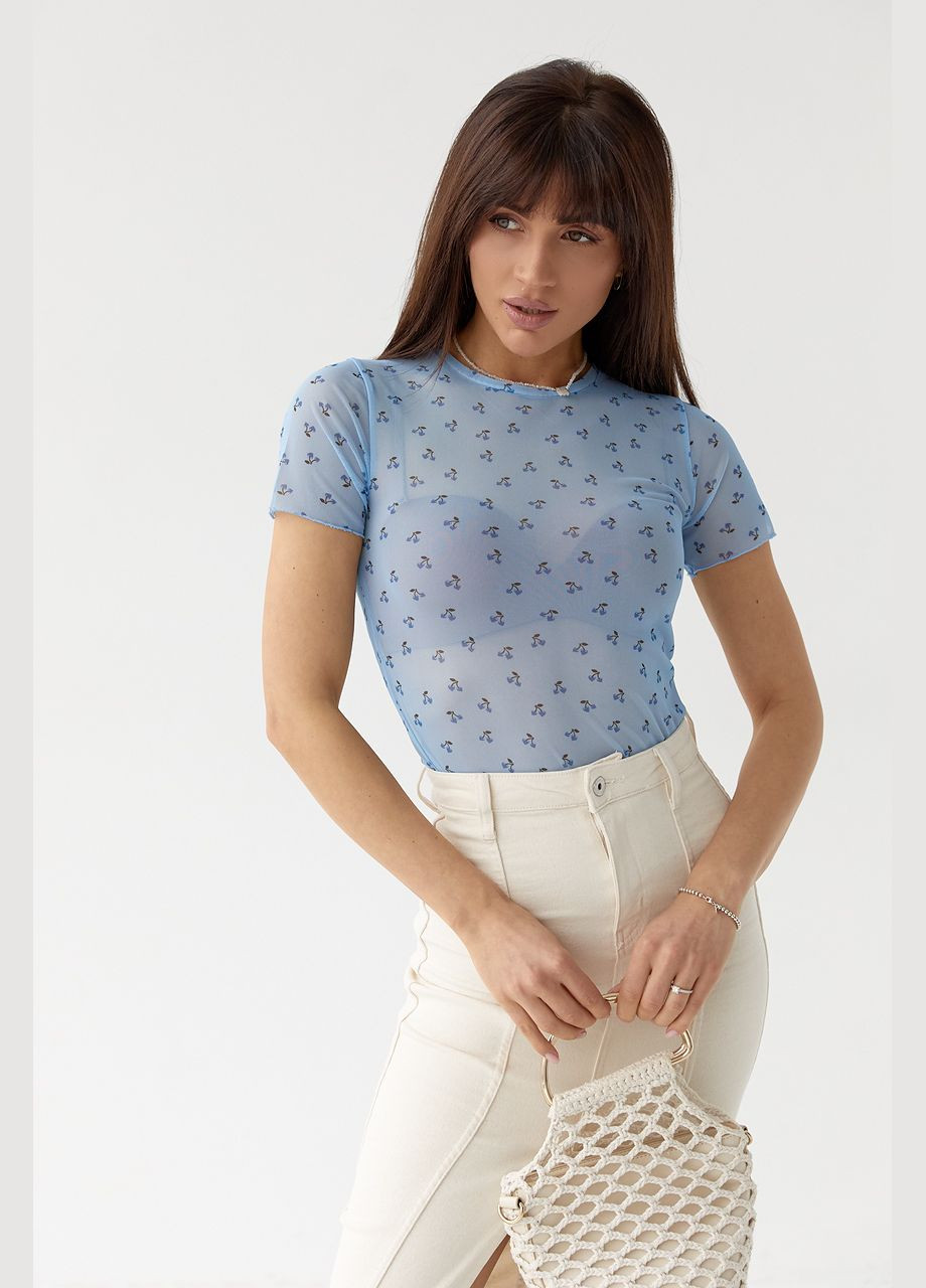 Голубая летняя женская футболка из сетки Lurex