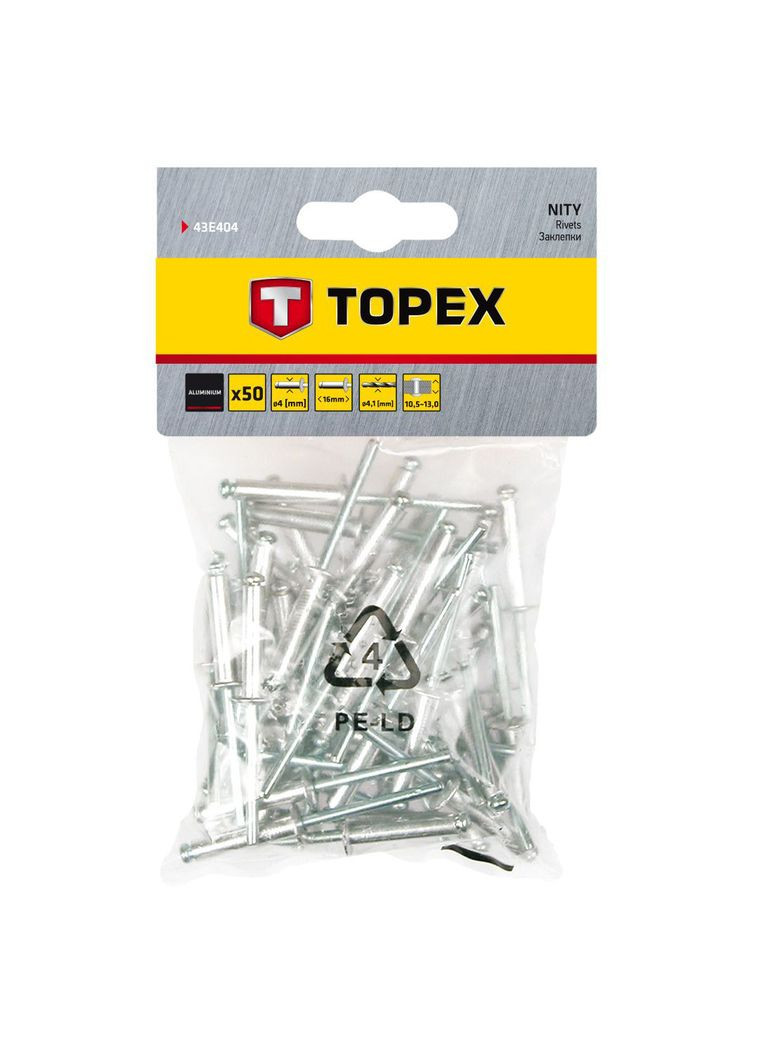 Заклепки (4x16 мм, 50 шт) алюминиевые (23496) Topex (265535258)