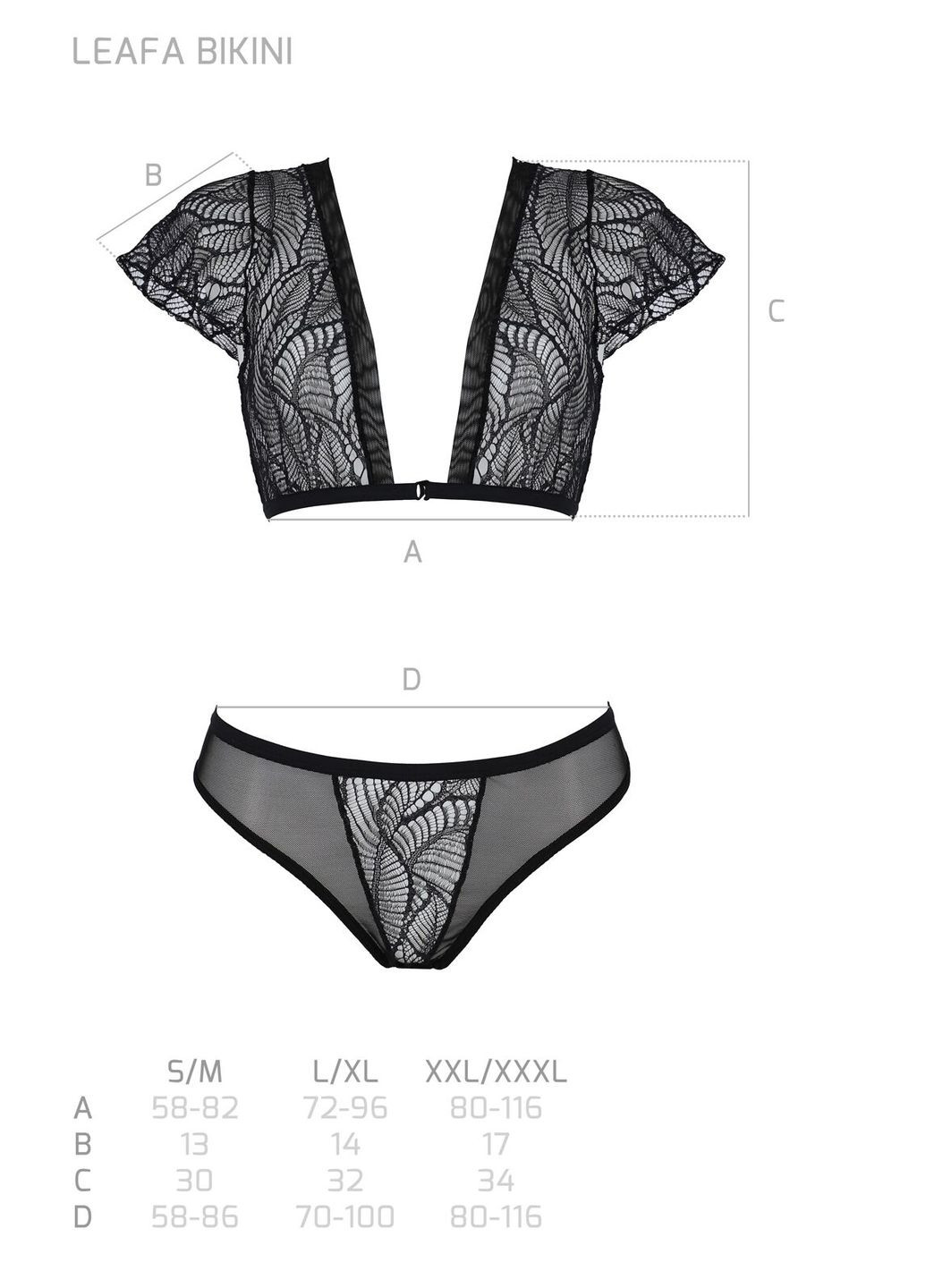 Комбінований демісезонний комплект leafa bikini black, xxl/xxxl, бюстгальтер-топ з рукавчиками, стрінги-шортики з вирізом Passion