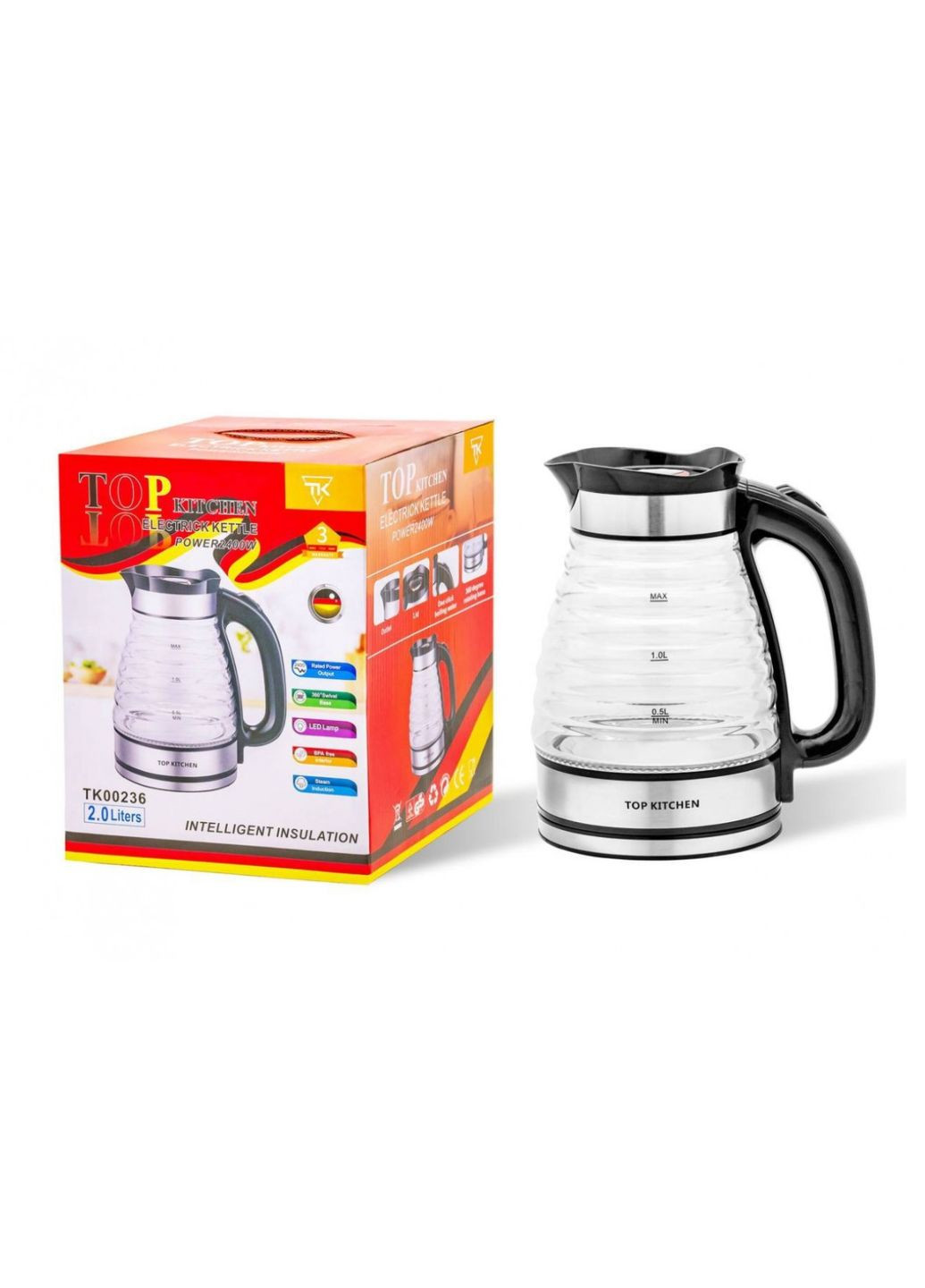 Електричний чайник TK-00236 1.8 л скляний корпус з LED-підсвіткою 2200 Вт No Brand (362666651)