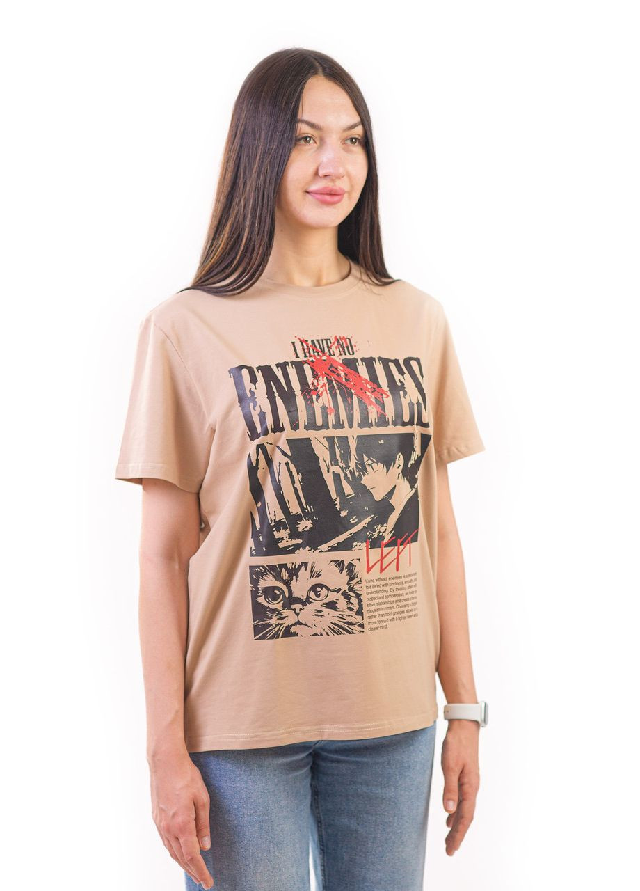 Бежевая футболка унисекс беж с коротким рукавом с принтом "no enemies" раз. xxl 4PROFI кулир (298127468)
