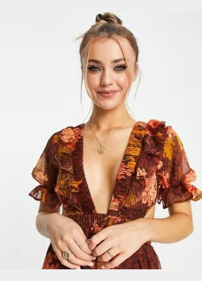 Коричневое коктейльное платье с пышной юбкой Asos с цветочным принтом