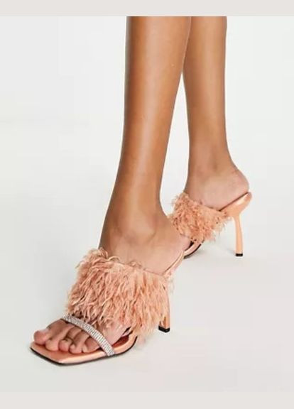 Шльопанці мюлі Asos nettle faux feather embellished heeled mules in apricot (291015247)
