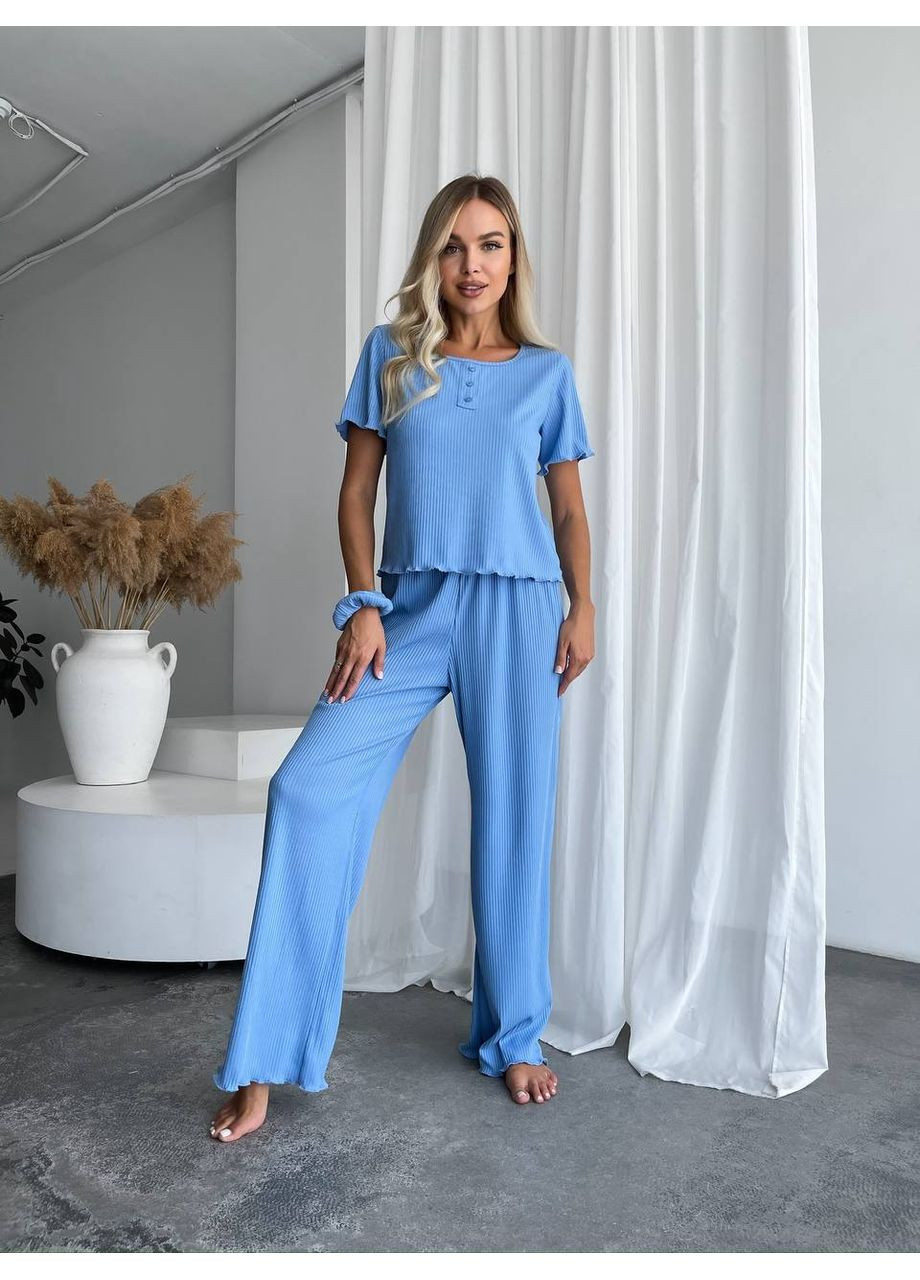 Голубая всесезон женский домашний комплект тройка (топ+резинка+штаны) Fashion