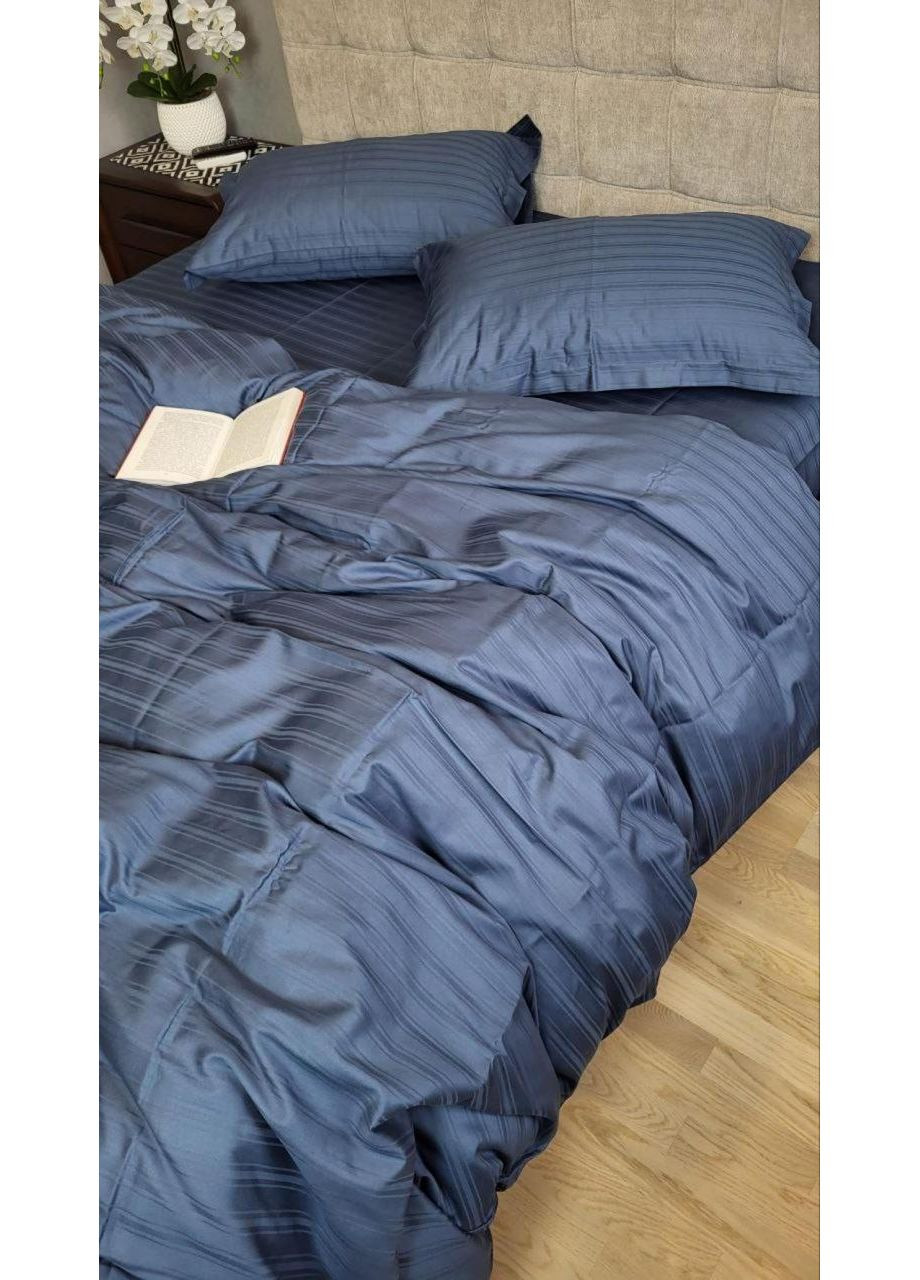 Постільна білизна з резинкою Мульти страйп сатин чорне море, PREMIUM Евро розмір, наволочки 50/70 No Brand (363190485)