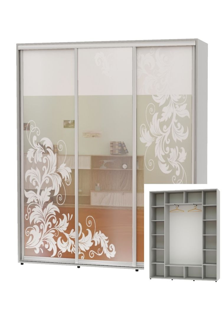 Шафа-купе тридверна 200*45*240 Сірий Дзеркало з піскострумним малюнком ШК-05 Алекса (360445853)