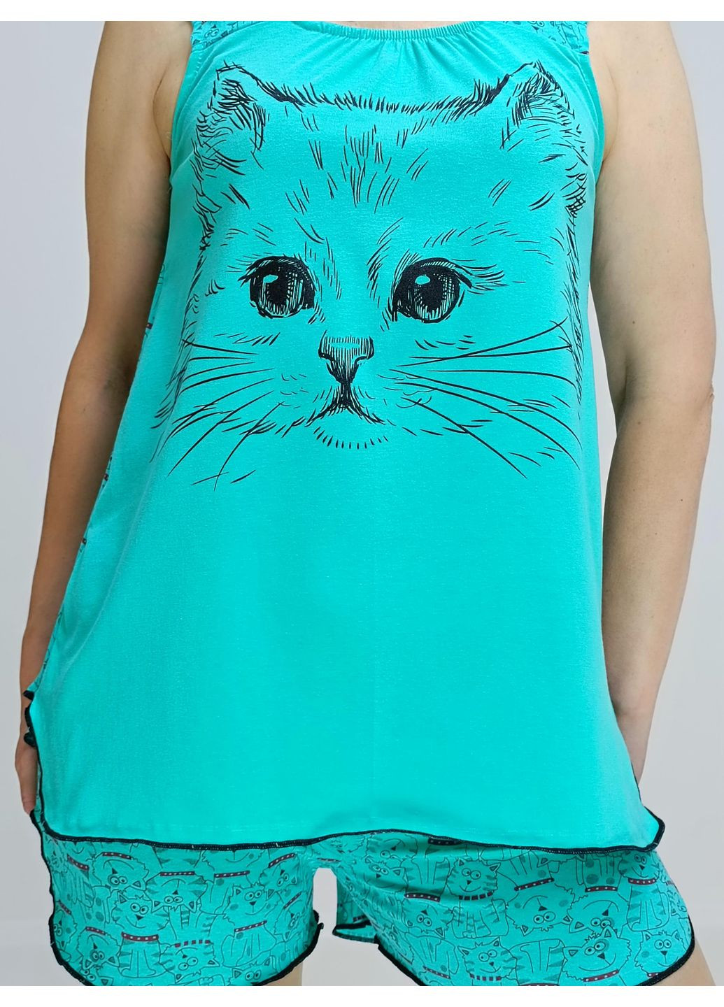 Бузкова всесезон піжама жіноча трикотажна котики (майка + шорти) 60-62 бірюзова (52049174-5) Triko