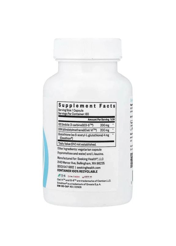 Здоровий метаболізм естрогену з PQQ, DIM + I3C з PQQ,, 60 капсул Seeking Health (370188637)