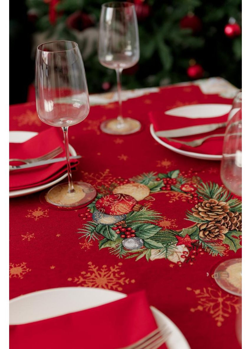 Кругла гобеленова скатертина PRESENT Новорічна декор для святкового столу текстиль для дому D136 см ProDobro (369365330)