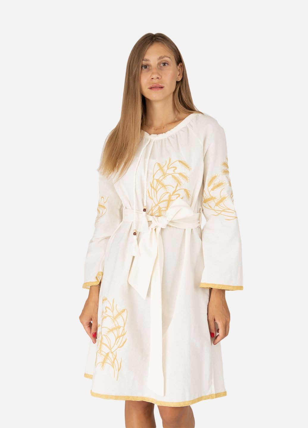 Молочна жіноча сукня вишиванка з довгим рукавом колір молочний цб-00258431 ES-Q
