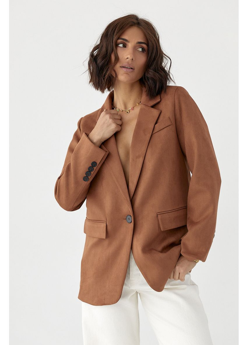 Коричневый женский классический замшевый однобортный пиджак Lurex однотонный - демисезонный