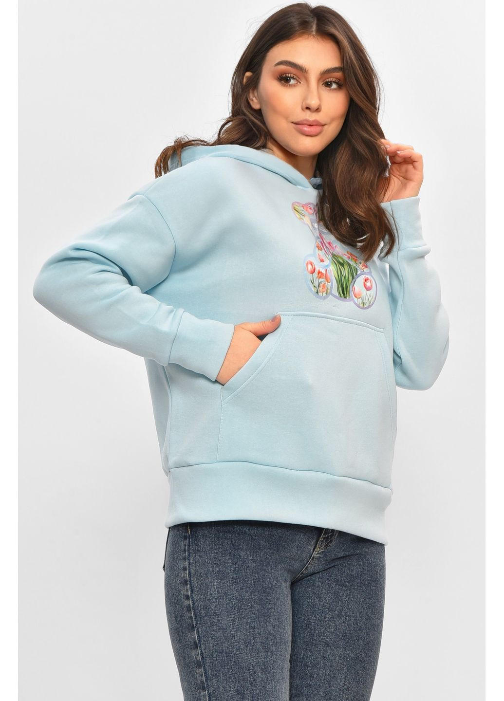 Блакитний худі жіноче на флісі блакитного кольору з принтом Let's Shop напис без декору (366732905)