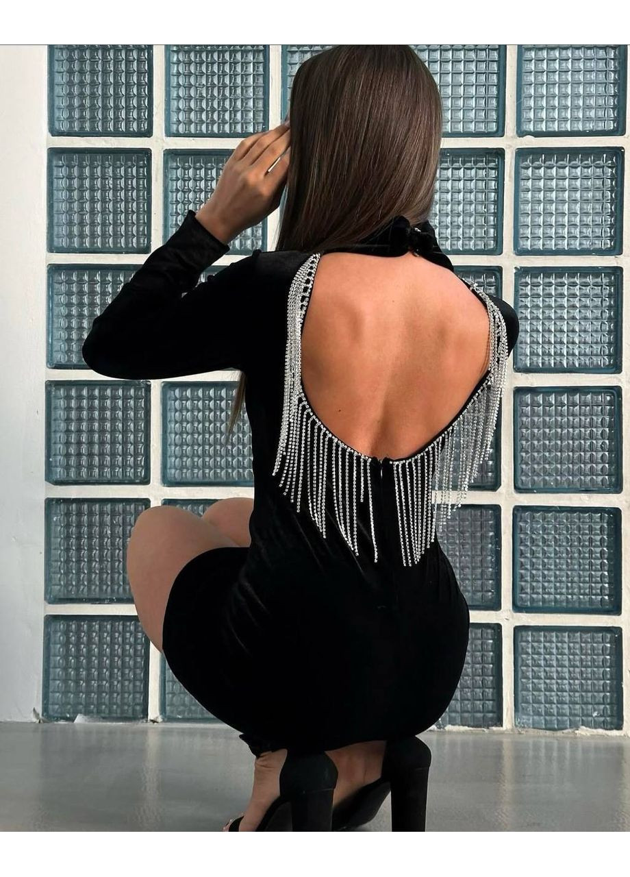 Чорна святковий маленька чорна сукня з акцентною спинкою з королівського оксамиту — заміри в описі з відкритою спиною GD/GL Модний простір однотонна